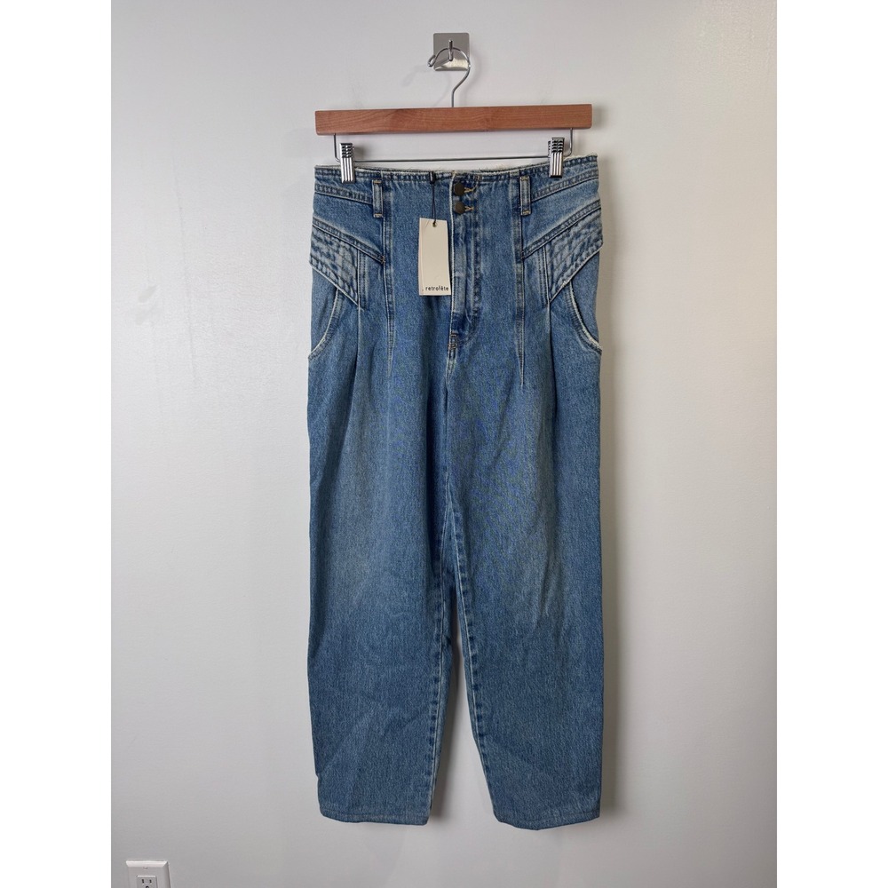 NWT Retrofete Women Blue Denim Straight Jeans High Rise Pleated Tapered Size 26